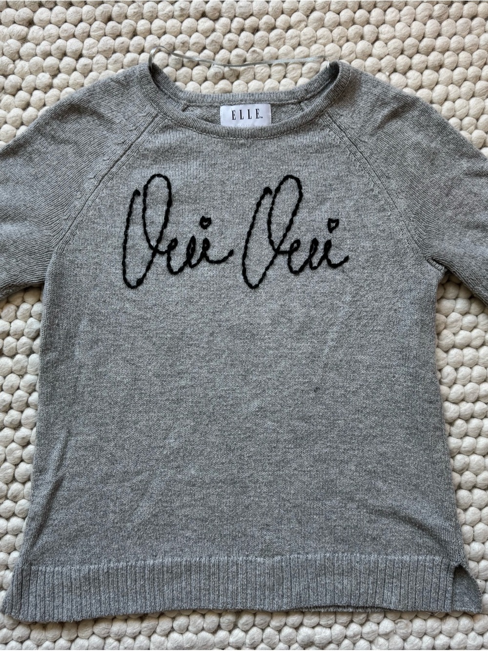 Vintage ELLE Gray Knit Sweater with Black Script
